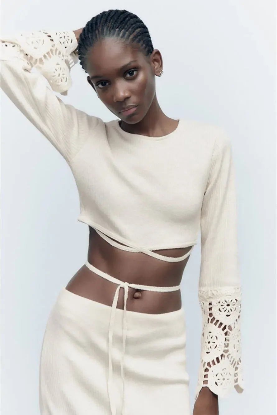 Zara Women's Cream Ecru Crochet Knit Boho Long Sleeve Cut Out Crop Top Size S